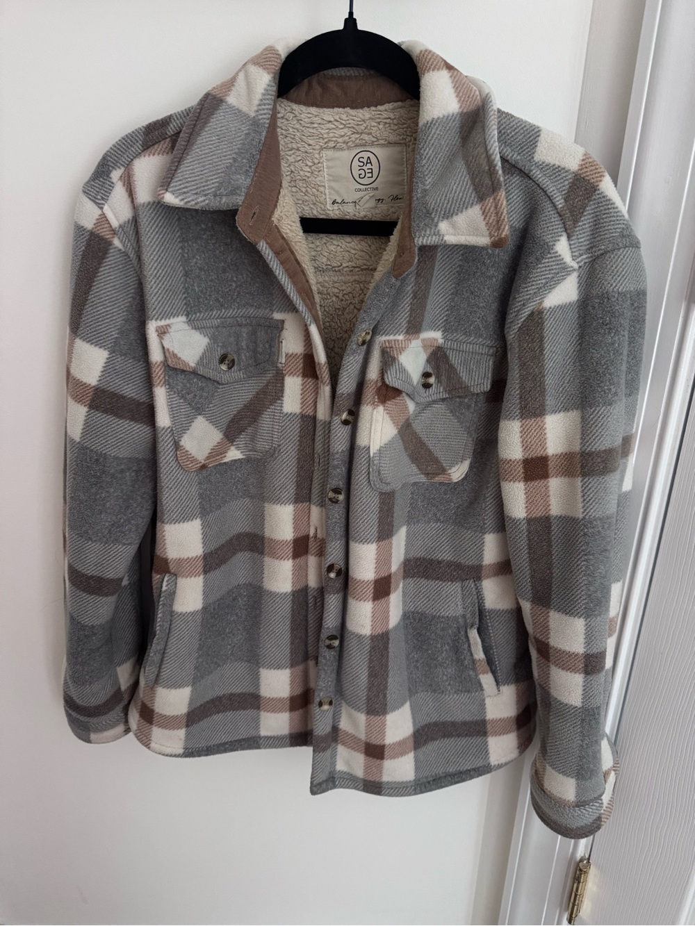 Sage Plaid Sherpa-Lined Button-Front Jacket in Gray, Brown & Cream